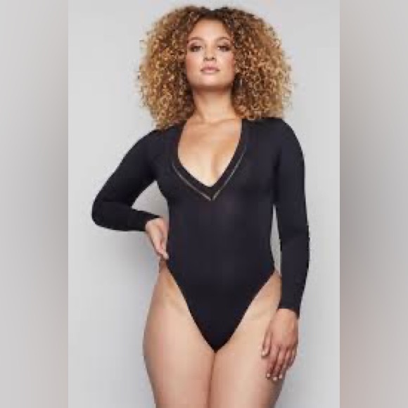 Good American Long Sleeve Deep V-Neck Bodysuit - Black - Size 0 - Picture 2 of 4
